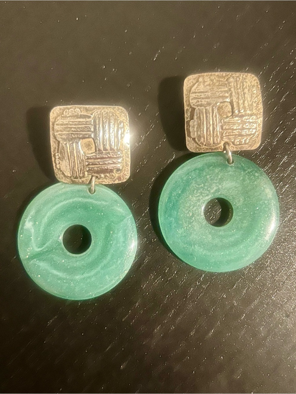 Marjorie Baer Green Donut Stone Drop Earrings w/Textured Square Silver-tone Post